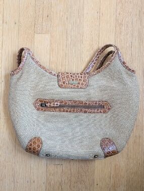 Eric Javits Beige Woven Shoulder Bag with Brown Croc Trim